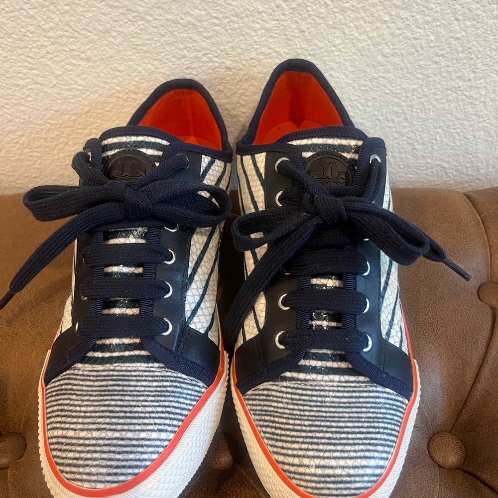 Tory Burch Navy and White Striped Sneakers